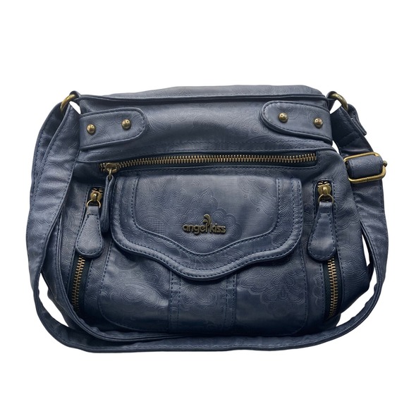 Angel Kiss Handbags - Angel Kiss Crossbody Bag Medium Blue Embossed Paisley Multi-Pocket Hobo Purse